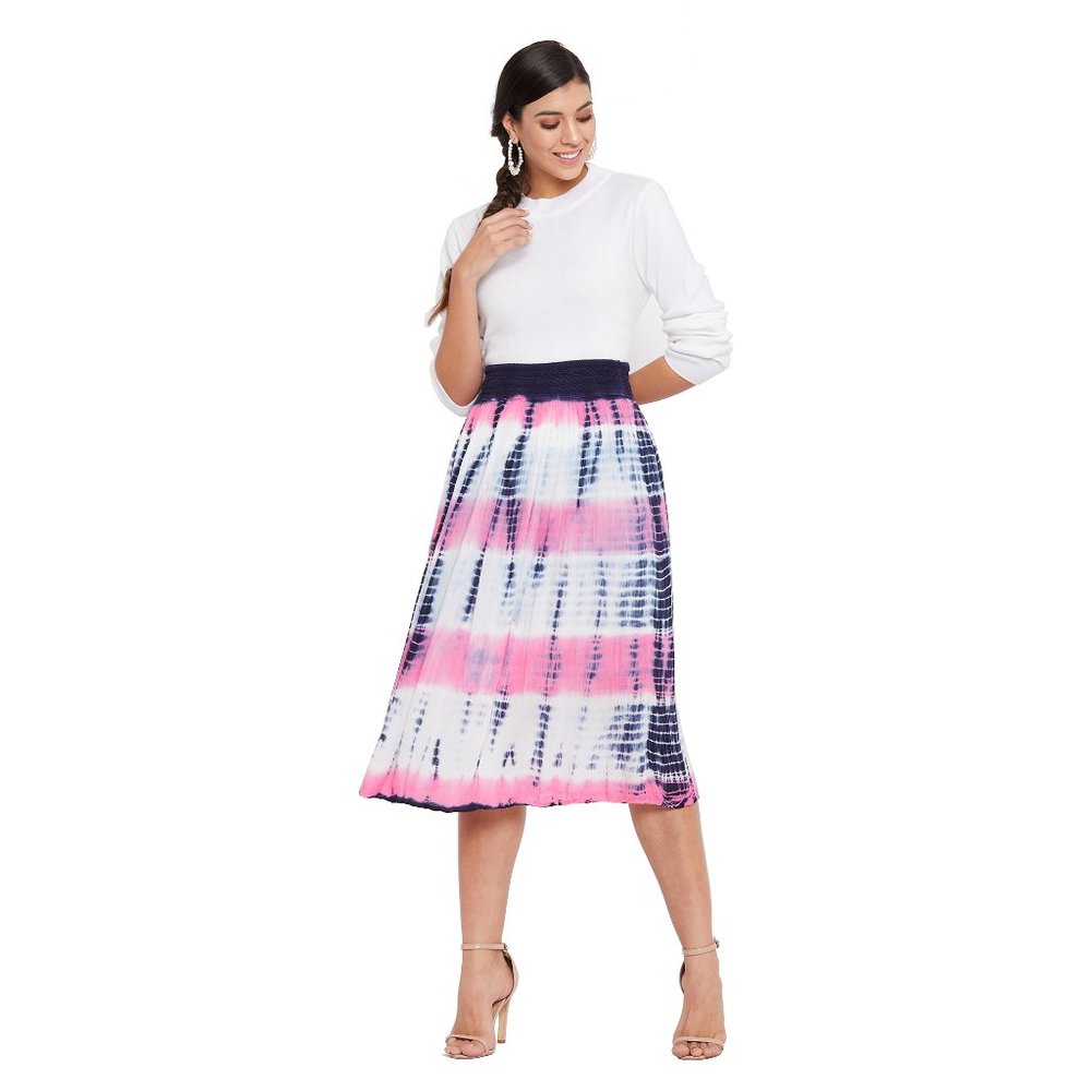 Tie Dye Print Pink Rayon Midi Skirt for Women